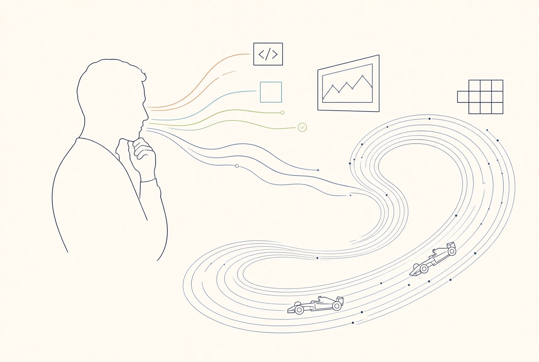Illustration of a person thinking, with lines flowing from his head into code, a chart and a table, and two Formula 1 cars on a looping track